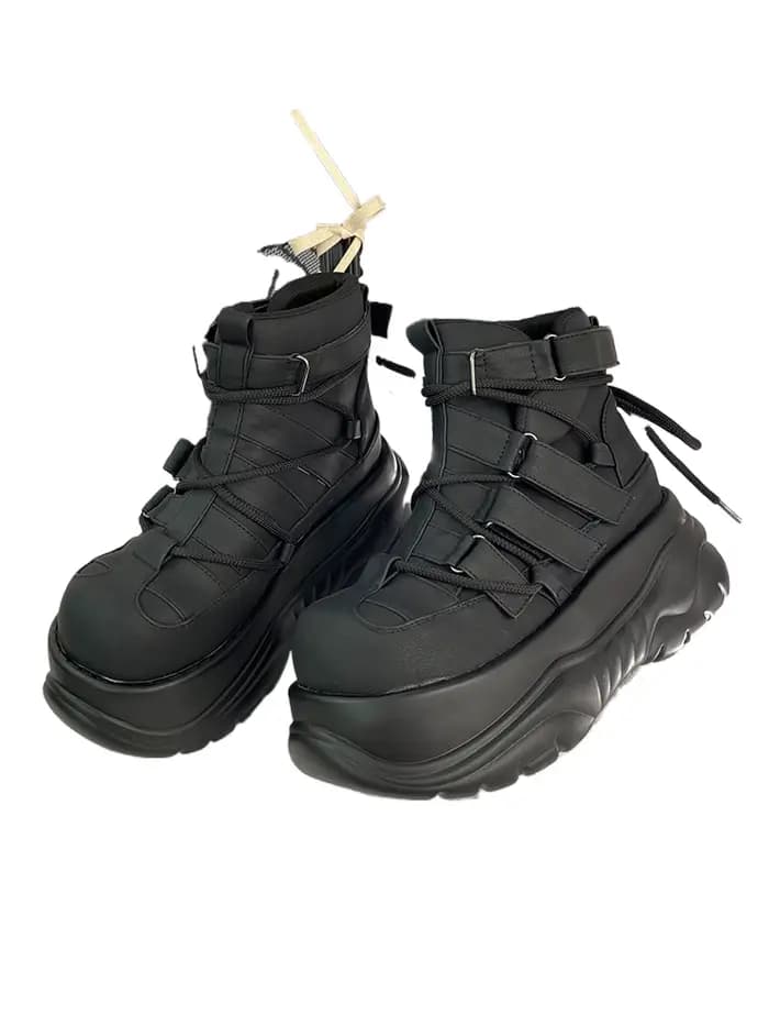 2025 Goth Dark Punk Rock Muffin femmes plate-forme chaussures noir mat cheville crochet et boucle bo