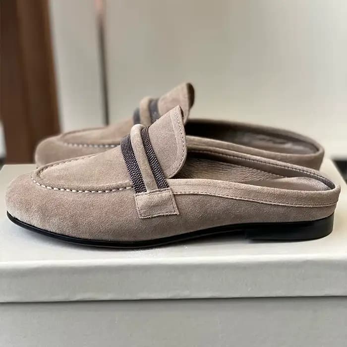 Mules paresseuses plates en daim pour femmes, décor de perles en métal, demi-pantoufles à bout fermé