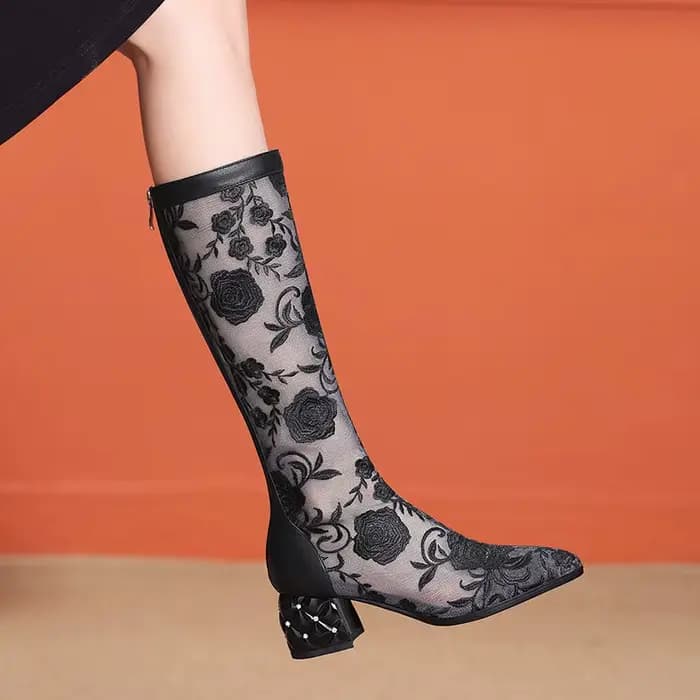FHC-Bottes Sandales Hautes au Genou pour Femme, Chaussures en Maille, sulfBotas en Dentelle Brodée d