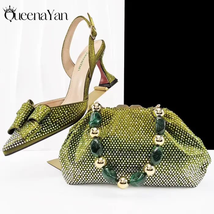 Queena Yan plus récent plein de strass Design couleur Olive dame Sheos et ensemble de sac à main orn