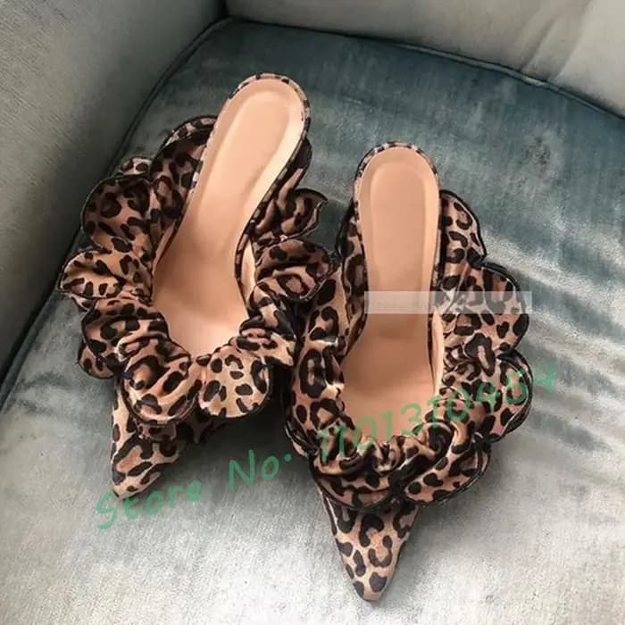 Mules à talons bas à volants verts pour femmes, fleur douce, design rond, chaussures pointues magnif
