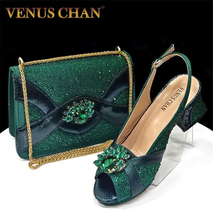 2025 Escarpins élégants verts à bout ouvert pour femmes avec accents de diamants – Ensemble de chaus