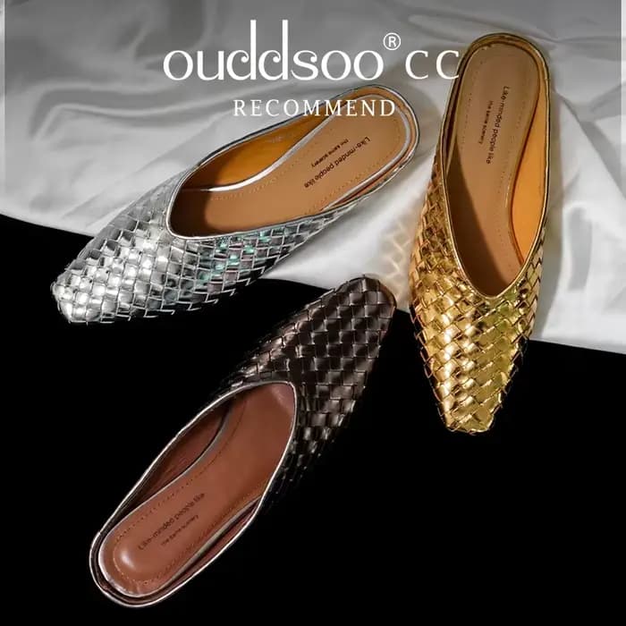 Mules de luxe Ods Gold Silver, pantoufles tissées, bout carré, talon plat, design à enfiler, chaussu