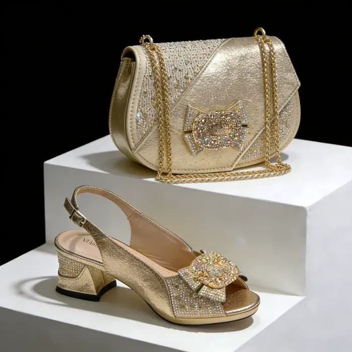 Ensemble talons hauts et sac à main Nigeria Design, couleur or, strass tendance, élégant et sexy