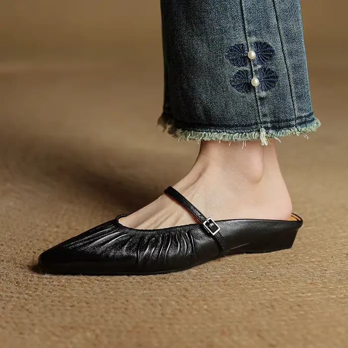 Mules d'été en cuir véritable pour femmes, chaussures à bout pointu et à talons bas, pantoufles mode