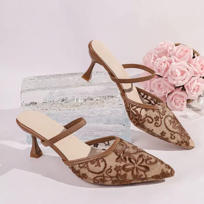 Mules élégantes brodées en maille pour femme, à talon fin et bout pointu, confortables, nouvelle col