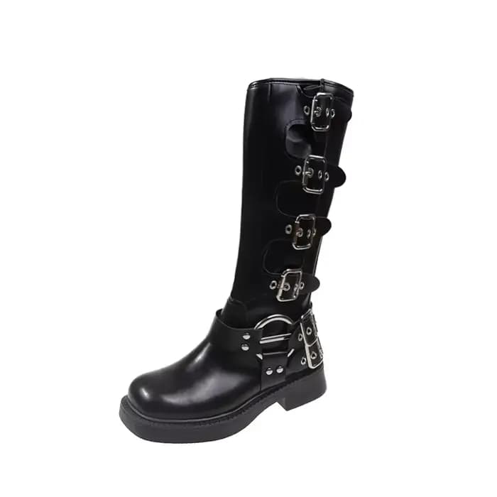 Femme bottes genou haute plate-forme élégante talon bas tendance Punk gothique New Rock cuir mode ch