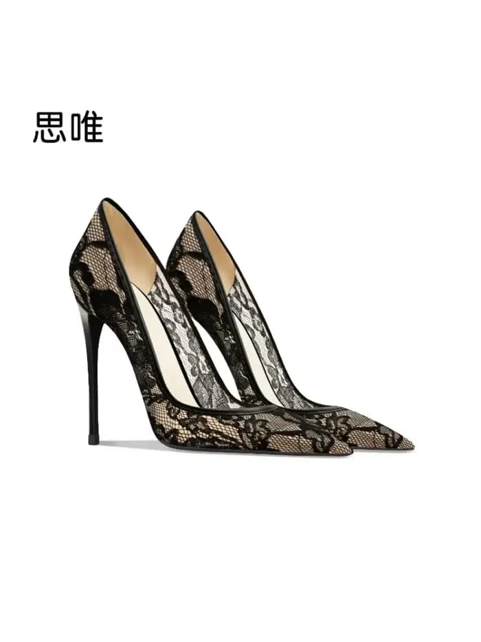 Chaussures à talons hauts en dentelle noire, bouche peu profonde, talon fin, pointues, mode, tempéra