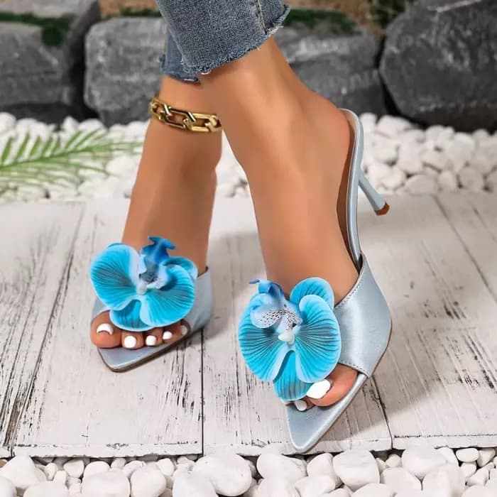 Sandales à talons hauts à bout pointu pour femmes, ornées d'orchidées, élégantes et confortables — T