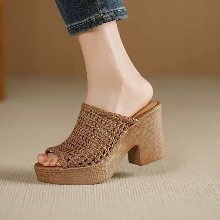 Sandales à talons hauts pour femmes, style rétro, ajourées, en maille tressée, à talon compensé, typ