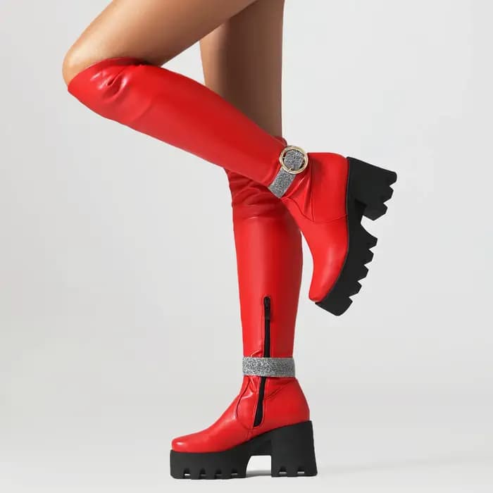 Plate-forme grande taille avec talons épais très hauts, bottes élastiques confortables, sangle de ch