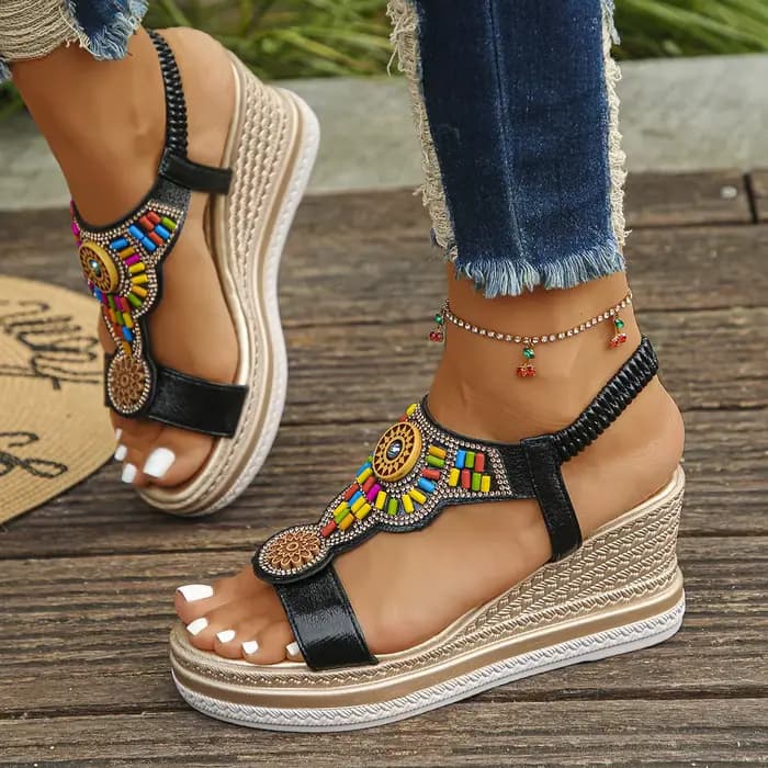 Femmes sandales Style bohème sandales à talons compensés été semelle épaisse chaussures de plage ant