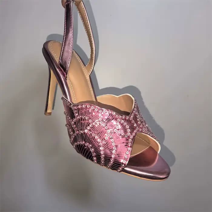 Sandales d'été dorées brillantes à talons aiguilles pour femme, élégantes pour les soirées, à bout r