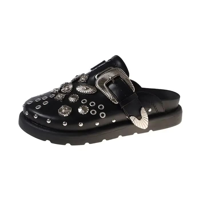 Mules en cuir punk rock pour femmes, pantoufles d'été, plate-forme RiSALE, raccords métalliques créa
