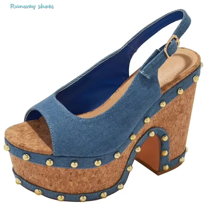 Sandales de Cowboy à orteils exposés pour femmes, décoration en métal, fil arrière, talon épais, pla