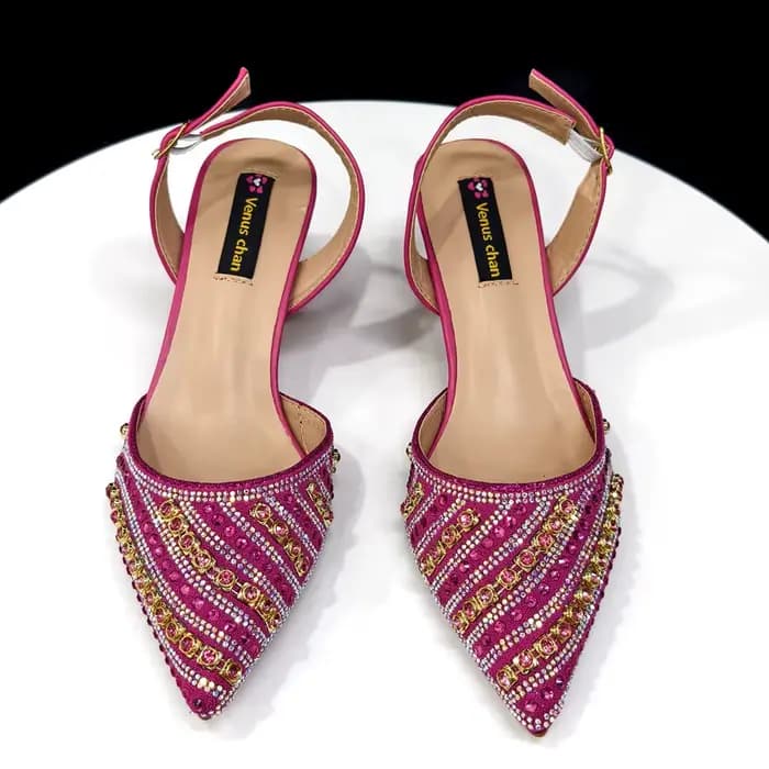 2025 brillant mode italienne bout pointu femmes talon mode strass décoration couleur Fuchsia chaussu