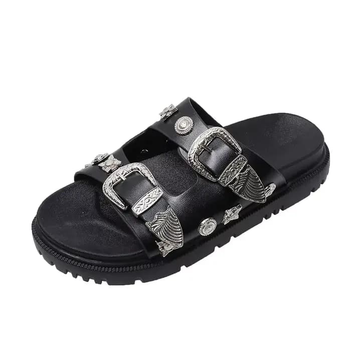 Sandales noires pour femmes Punk pantoufles cloutées boucle décor bout ouvert femmes chaussures plat