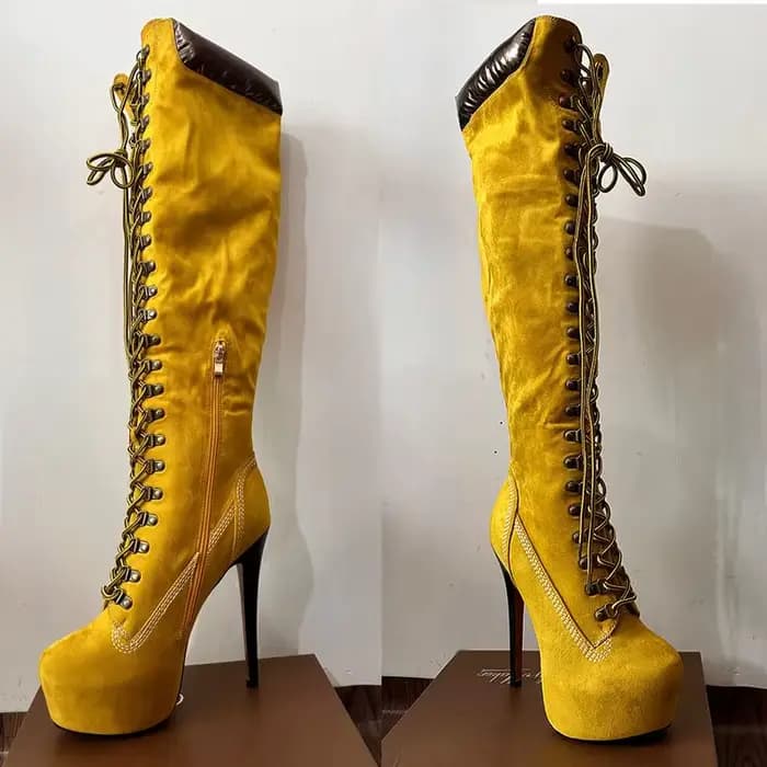 DALTol- Bottes Hautes à Plateforme pour Femme, Au-dessus du Genou, à Lacets Avant, Talon Fin, Stilet