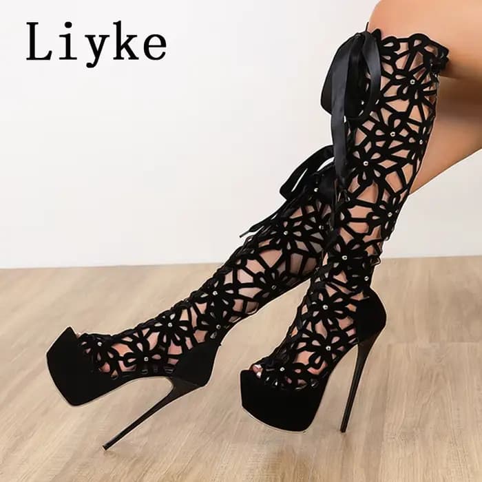 Liyke 16CM Ultra mince talons hauts Sexy discothèque évider sur les bottes au genou femmes Peep orte