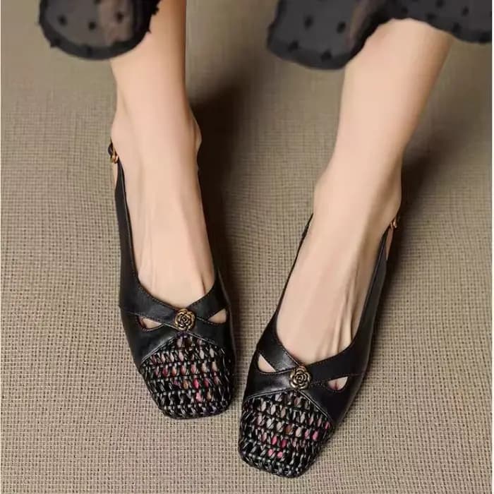 Sandales à bout fermé de style français pour femmes, talon épais, chaussures tissées polyvalentes, p