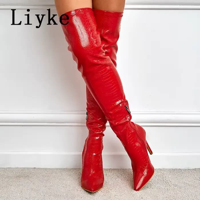 Liyke – bottes en cuir imprimé serpent rouge Sexy pour femmes, au-dessus du genou, escarpins à talon
