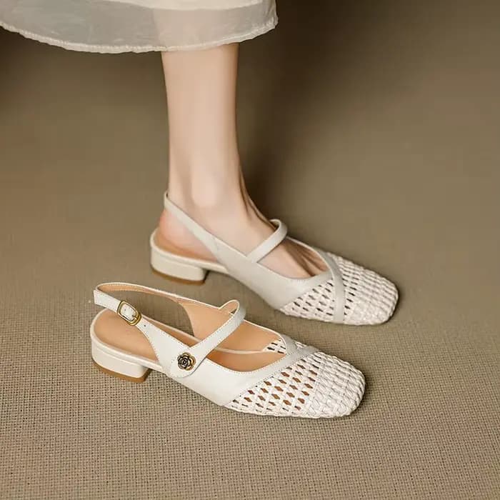 Sandales Femme Bout Fermé Tressé Ajouré Talon Bas Carré Mary Jane Dos Nu Bride Cheville Semelle Soup