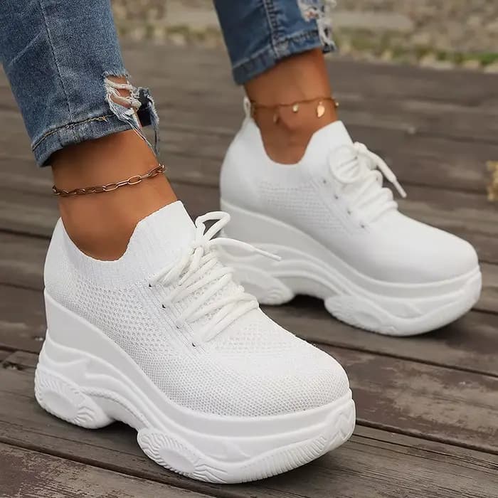 Baskets à semelles compensées blanches tricotées pour femmes, chaussures de Sport à lacets, en maill