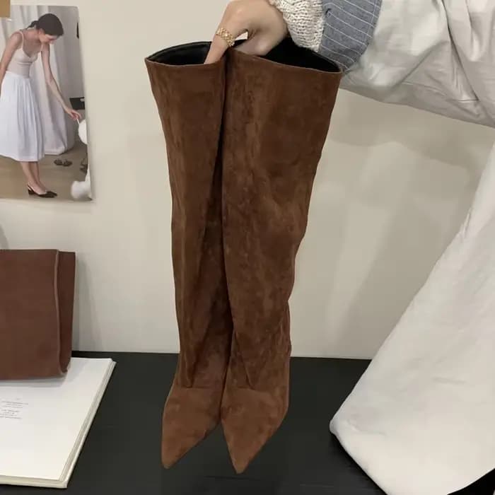 Eilyken mode Vintage talons fins femmes genou bottes hautes mode hiver Sexy bout pointu décapant cha