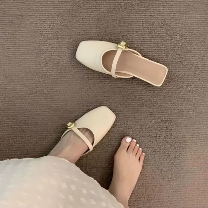 Mules Mary Jane pour femmes, chaussures à bout carré et talon bas, sans talon, à enfiler, avec boucl