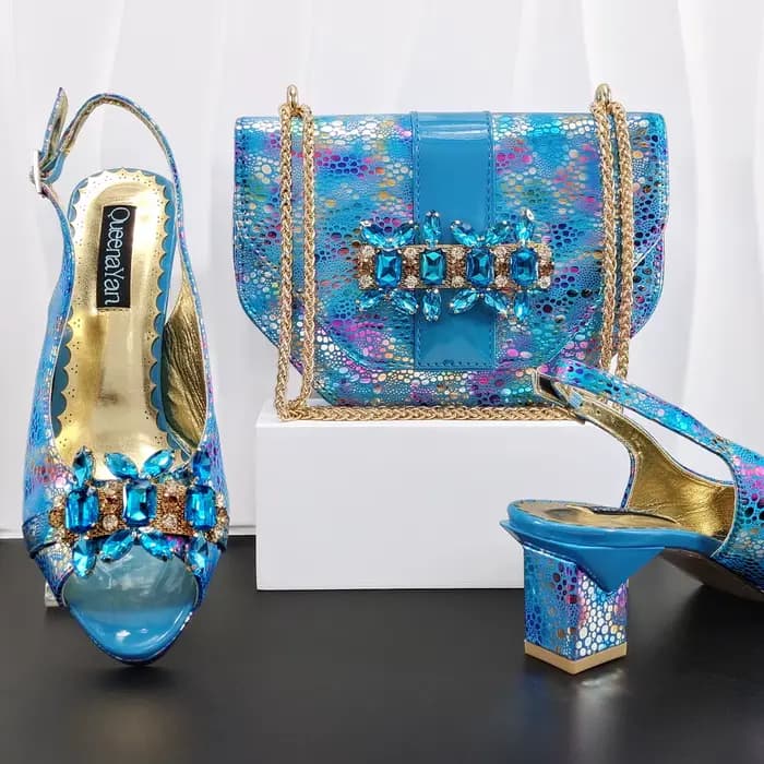 Doershow – ensemble de chaussures et sacs de style africain pour femmes, de haute qualité, bleu ciel