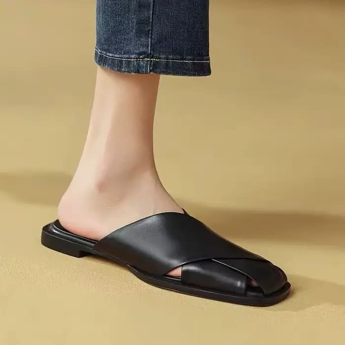 Femmes Mules 2025 été élégant carré bout fermé pantoufles plates femmes chaussures décontracté en cu