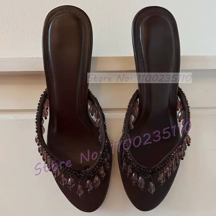 Mules à talons hauts pour femme, style Crystal Drop Heels, avec pendentif scintillant et perles, élé