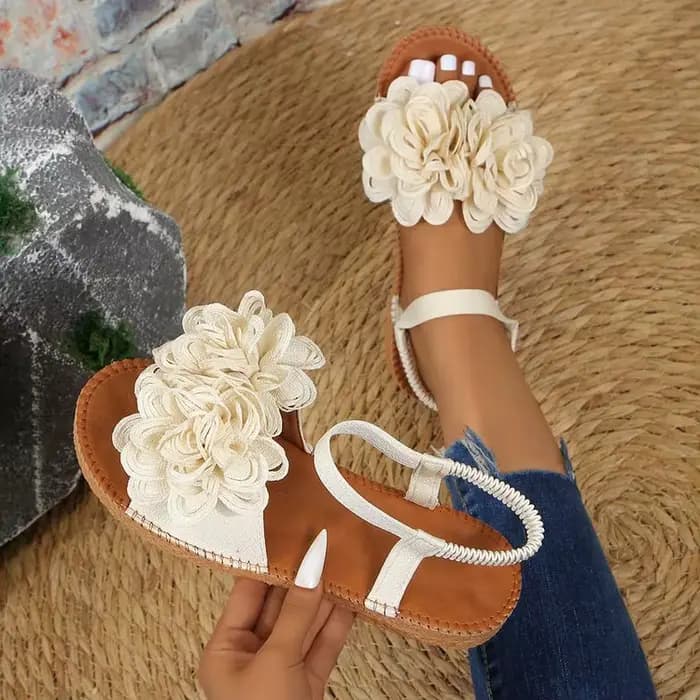 Sandales plates blanches à fleurs pour femmes, avec sangle élastique à la cheville, bout ouvert, cha