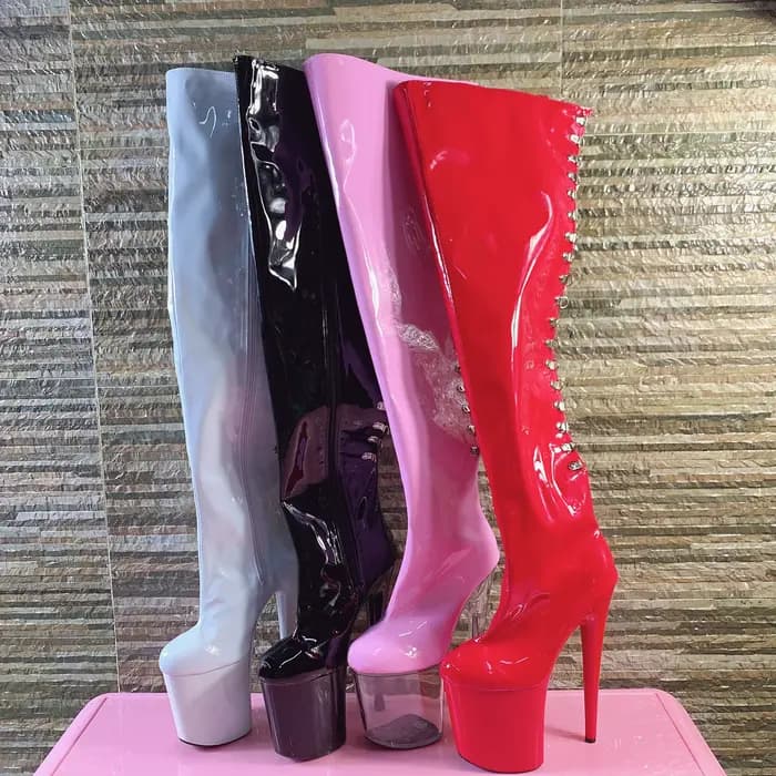 Bottes au dessus du genou à tête ronde de 20cm, matériau PU à couleur changeante, ouverture à fermet