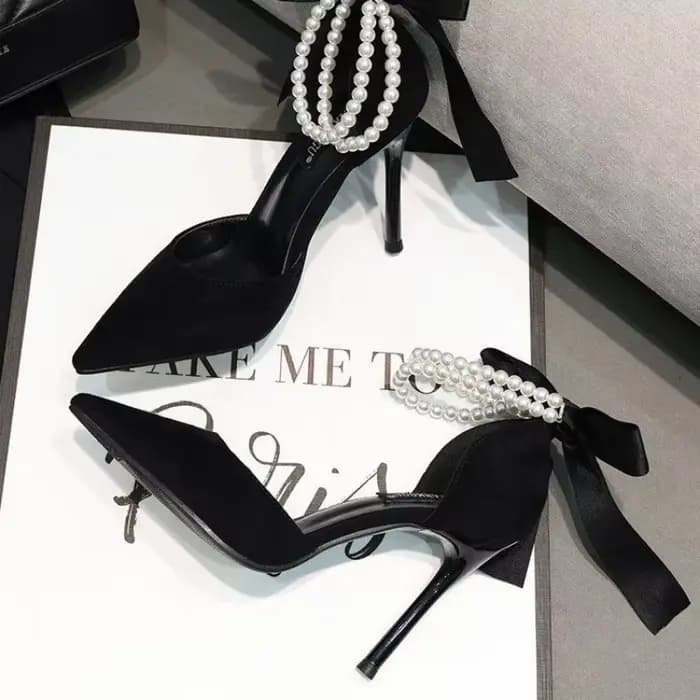 Escarpins d'été noirs pour femmes, nouvelle marque Design, chaîne de perles, talons hauts de mariée,