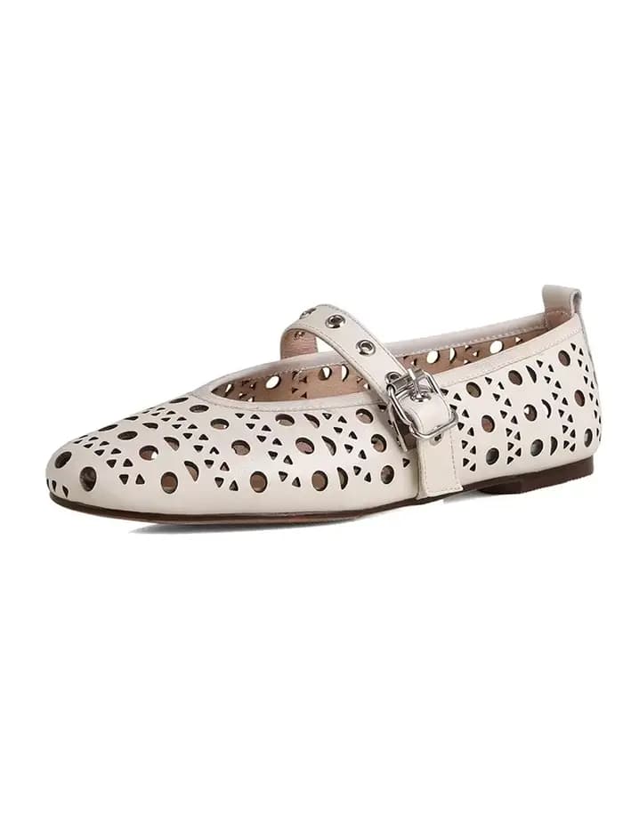 SmallHut 2026 Nouvelle Tendance Été Chaussures Plates Creuses pour Femmes en Cuir Véritable à Bout F
