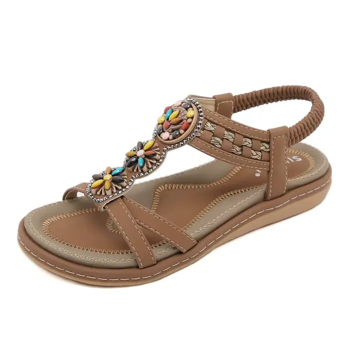 Sandales bohèmes brodées pour femmes avec des perles colorées, style ethnique, talon plat, chaussure