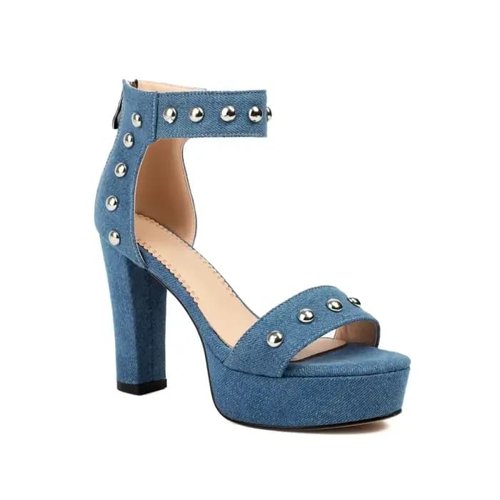2024 été Denim jean bleu bout ouvert chaussures habillées pour femme fermeture éclair dos clouté per