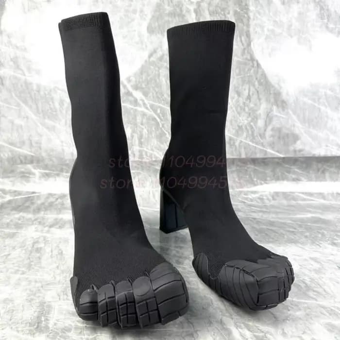 Femmes Fuchsia daim cinq doigts bottes en cuir noir bout fendu talon carré mi-mollet bottes sexy mod