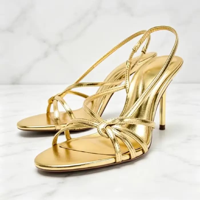 Sandales sexy dorées à talons hauts et à bande étroite pour femmes, chaussures de créateur à motif m