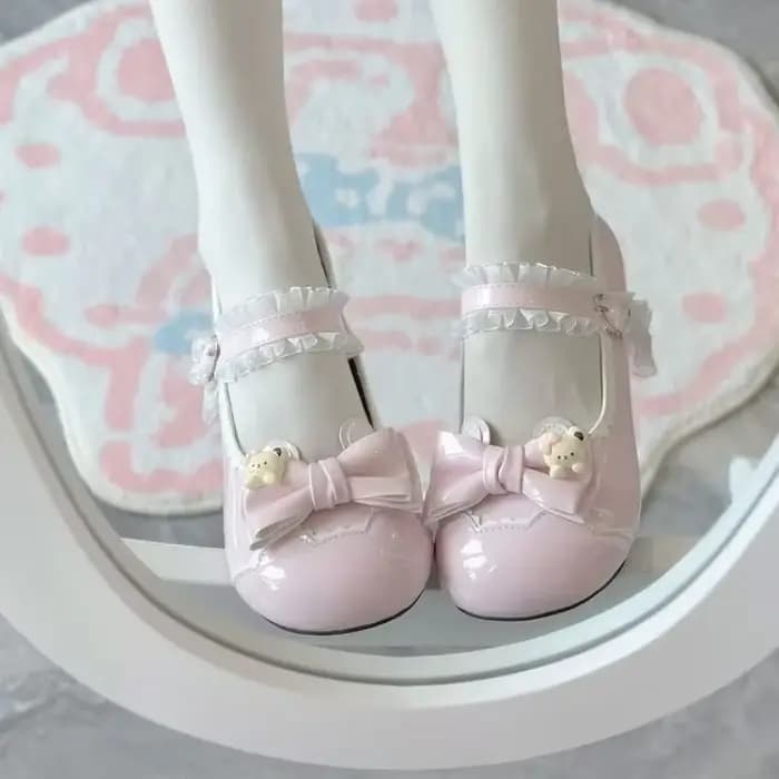 Escarpins Lolita à talon bas pour femme, chaussures en cuir style ballerine à bout rond, avec nœud, 