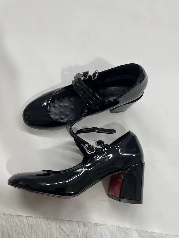 Sandales à talons épais Mary Jane à fond rouge pour femmes, chaussures d'été en cuir verni avec sang