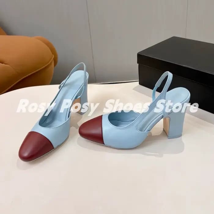 Sandales modernes pour femme en cuir et denim, à talons épais, à bout en amande, multicolores classi
