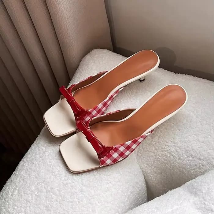 Sandales 2026 à nœuds rouges pour femmes, chaussures à carreaux, sandales à talons hauts ouvertes à 