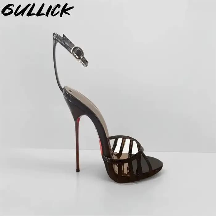 Sandales à lanières noires brillantes pour femmes, chaussures Stiletto élégantes avec boucle à la ch