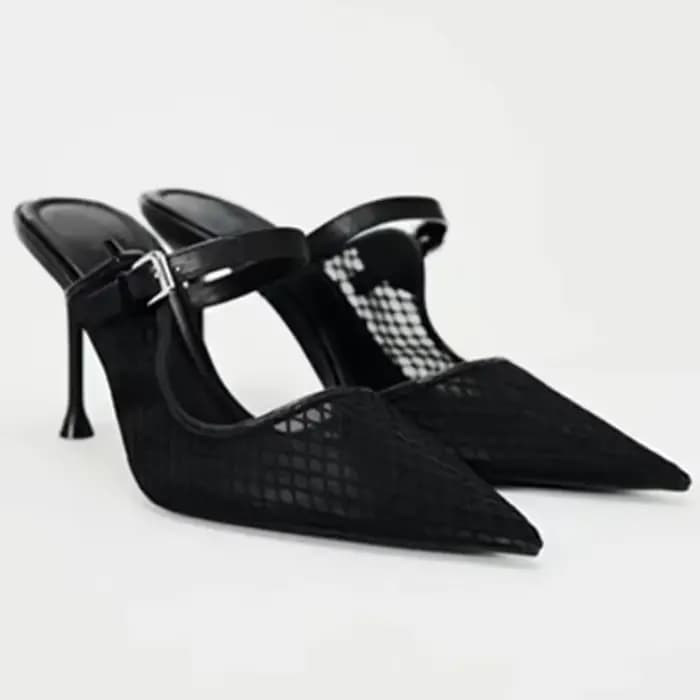 Sandales à talons hauts en maille noire pour femmes, chaussures Sexy à bout pointu, Mules respirante