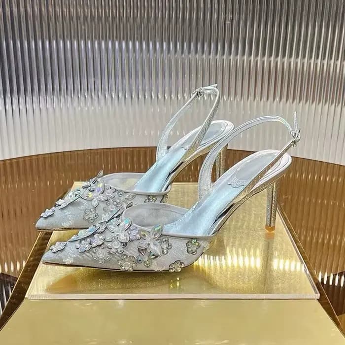 Bout pointu talons fins sandales femmes maille cristal papillon fleur sangle arrière Sandalias été m