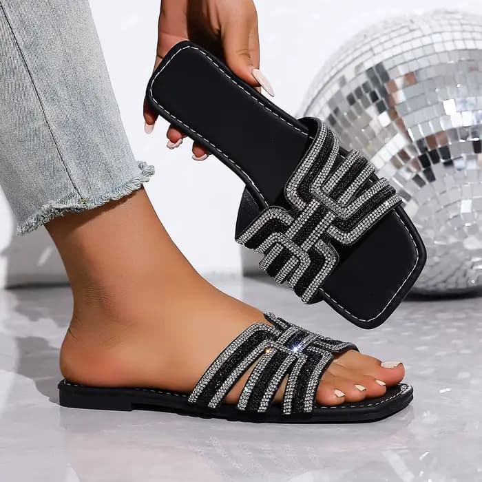 Sandales plates à strass pour femmes, coupe large, bout carré, décontractées, à enfiler, pour l'été,