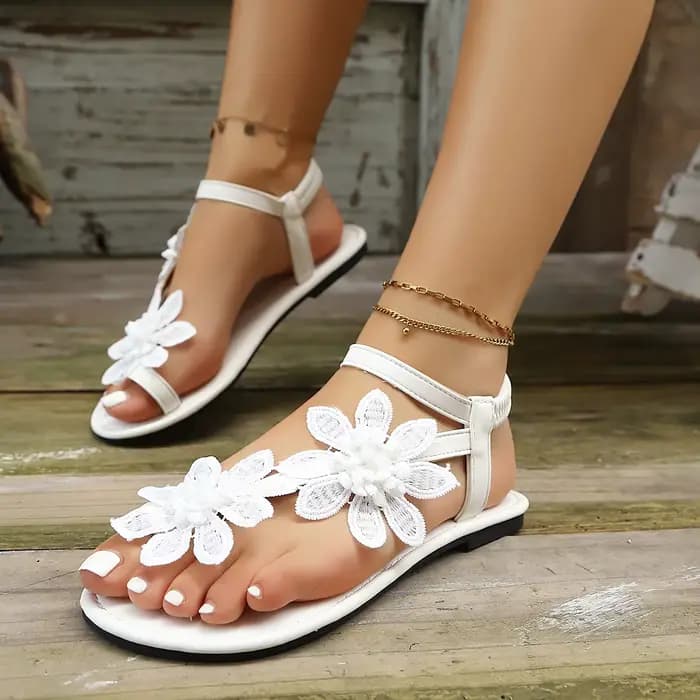 Sandales plates en dentelle florale délicate pour femmes, sandales à bout ouvert avec sangle arrière