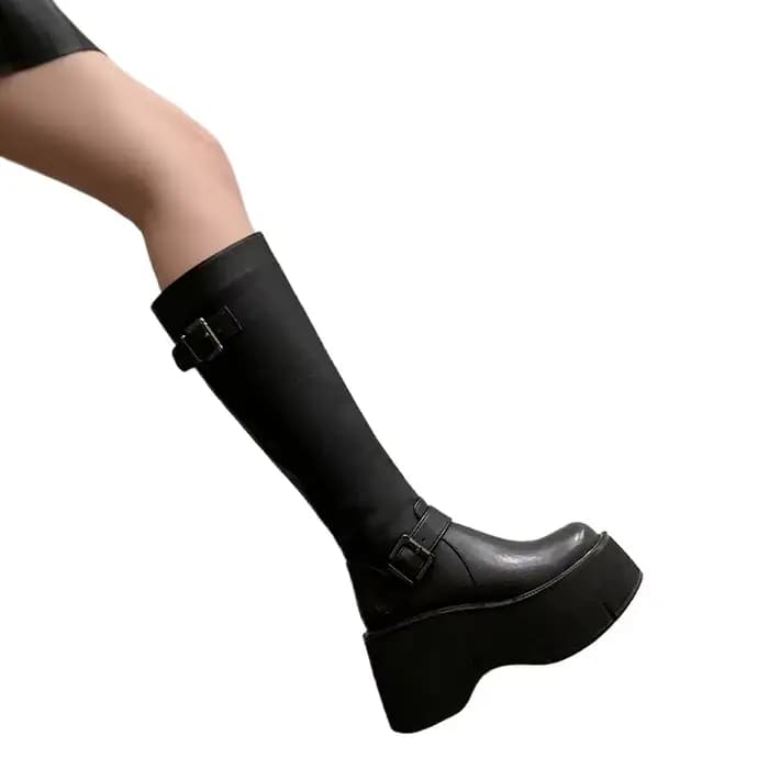 Chaussures pour femmes, bottes classiques à hauteur de genou, avec boucle de ceinture, fermeture écl